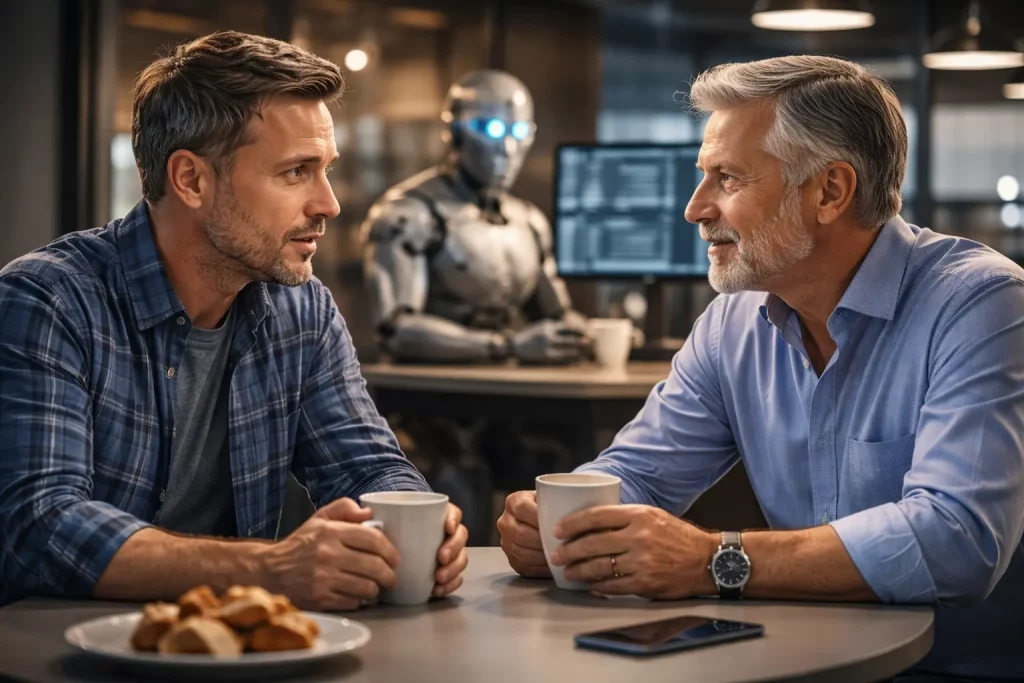 Zwei Ingenieure sprechen beim Kaffee über die Sorge, durch KI ersetzt zu werden